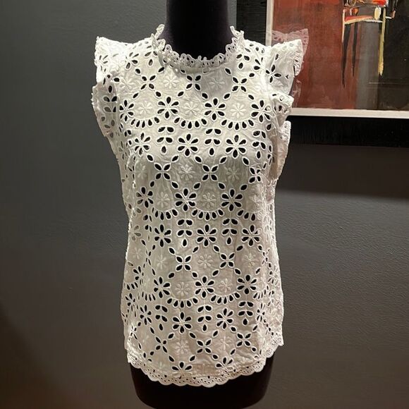 J. Crew mock neck top in allover embroidered eyelet ruffle trim top. NWT. XS. - Picture 3 of 8
